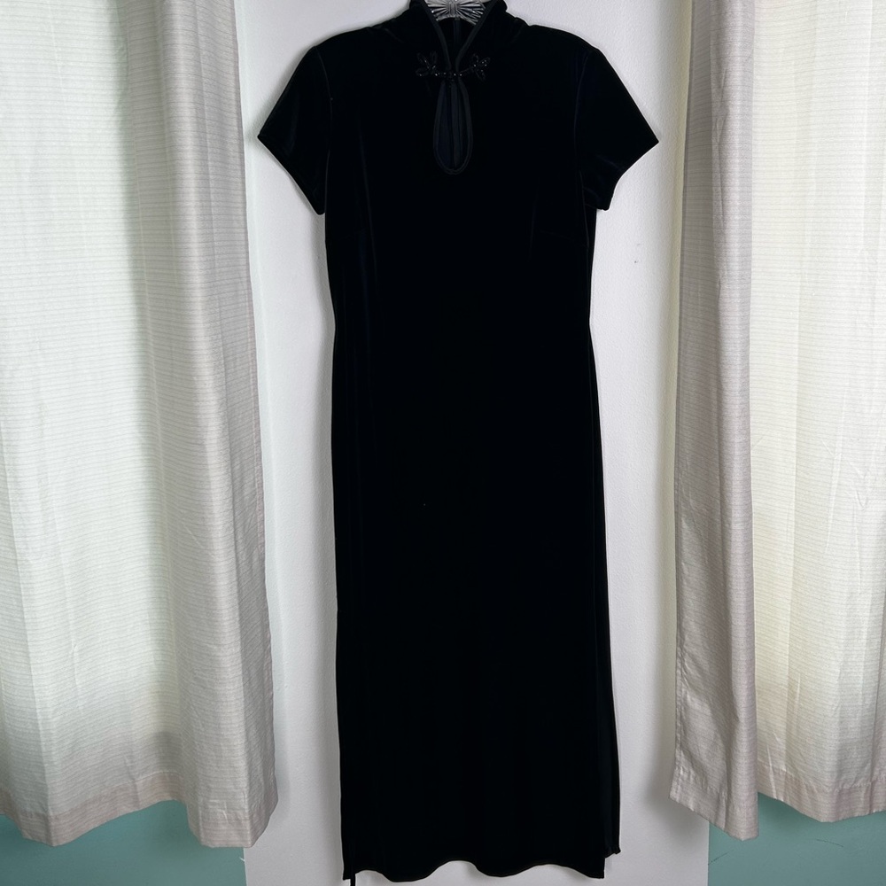 Cachet Black Crushed Velvet Velour Maxi Dress VGT USA Asian Witchy Goth Womens 8